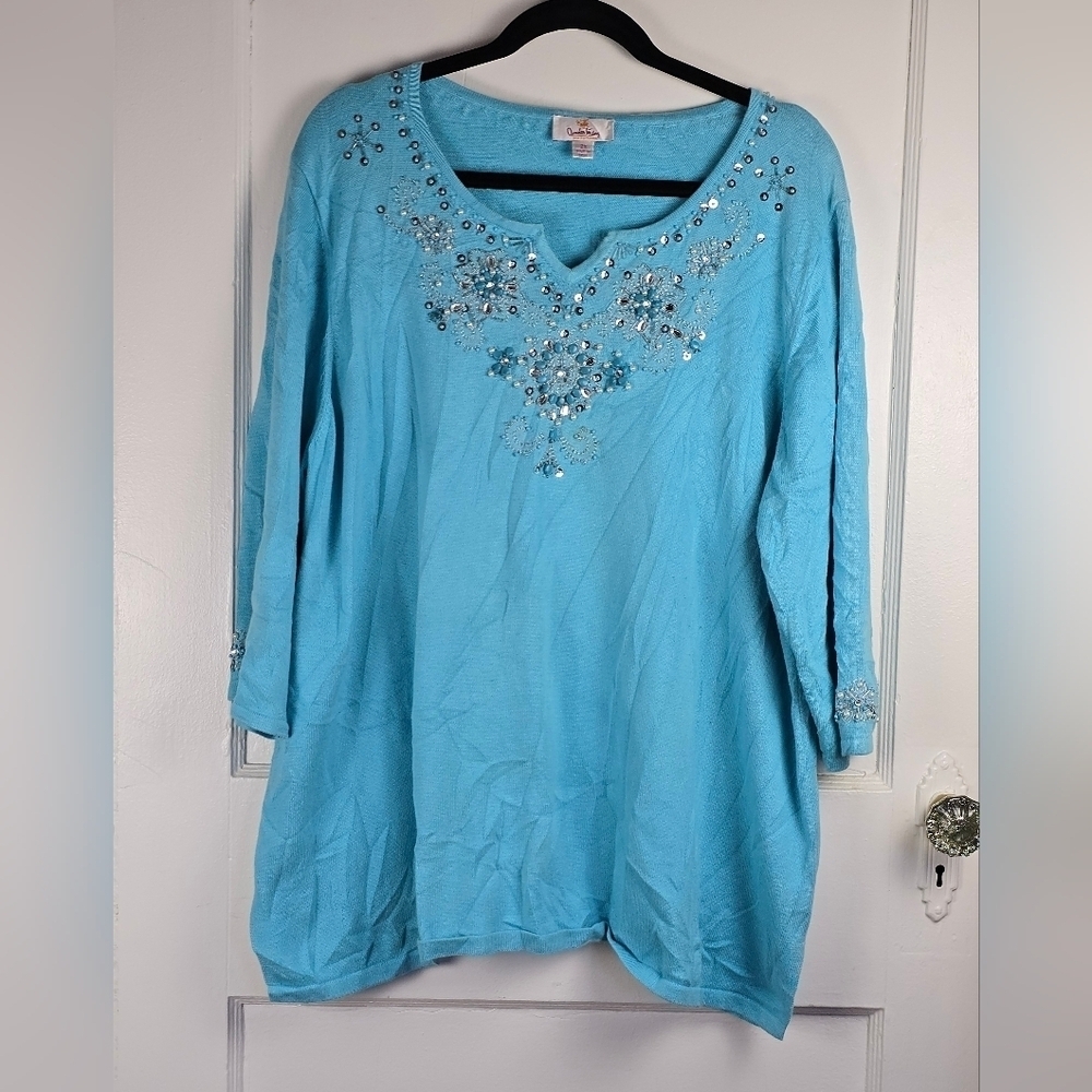Quacker Factory Blue Sparkly Snowflake Top 2X